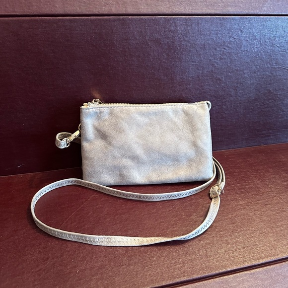 Caroline Hill Handbags - Elegant Taupe Beige Crossbody Bag Caroline Hill 5.5x9 suede zipper purse clutch
